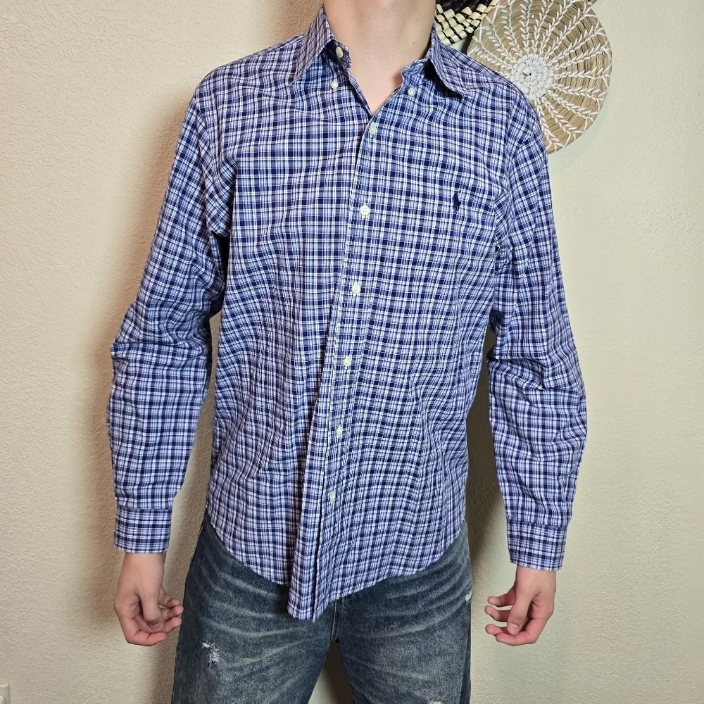 POLO RALPH LAUREN BLUE WHITE NAVY PLAID 💯 cotton Size Medium